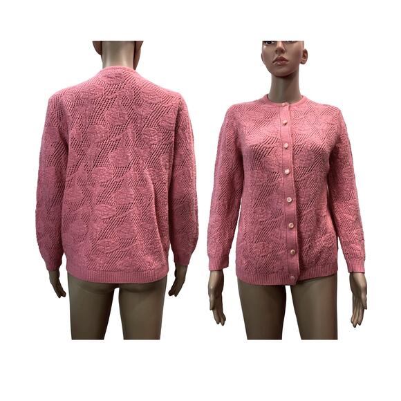 70s Granny Cardigan Pink/Salmon Open Knit Floral Sweater | S - Picture 4 of 12